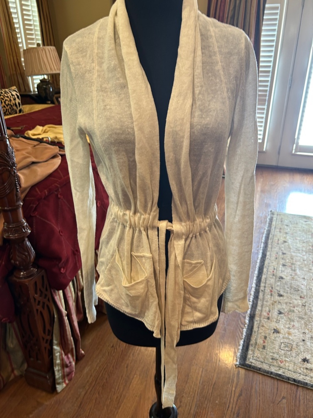 Elie Tahari Cream Open-Front Tie-Waist Sweater Cardigan Linen XS